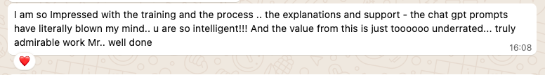 I am so Impressed with the training and the process, the explanations and support have literally blown my mind. The value from this is just toooooo underrated.